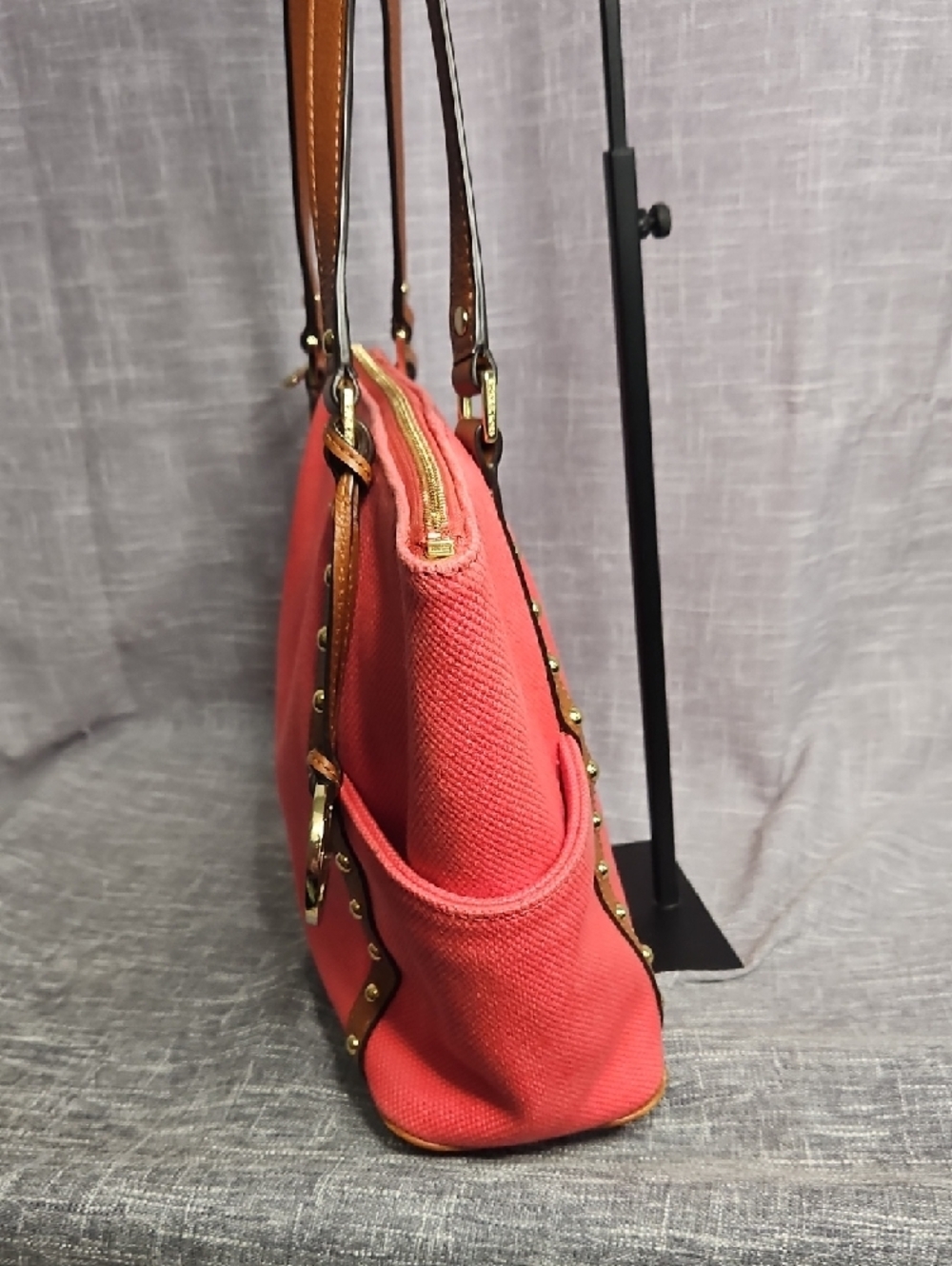 Michael Kors Coral Canvas Tote with Tan Leather Trim and MK Charm - Picture 3 of 15